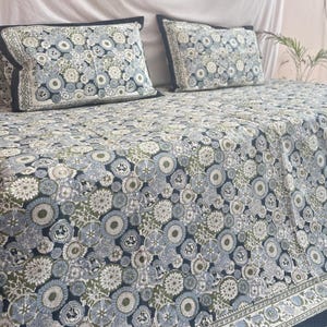 Hand Block Print 100% Cotton Floral Bedsheet, Handmade Soft & Breathable Bedding Set, Queen Flat Sheets with Pillow Cover, Jaipuri Bedspread