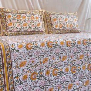 Jaipuri Hand Block Printed Cotton Bedsheets With Reversible Pillow Cases, Luxury Queen Size Bedding, Floral Flat Sheets, Unique Bedspreads