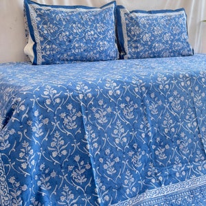 Hand Block Printed Bedsheets, Jaipuri Soft Bedding With Pillows, Handmade Floral Queen Bedspread, Cotton Flat Sheet, Vintage Bedroom Décor