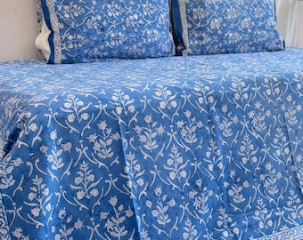 Hand Block Printed Bedsheets, Jaipuri Soft Bedding With Pillows, Handmade Floral Queen Bedspread, Cotton Flat Sheet, Vintage Bedroom Décor