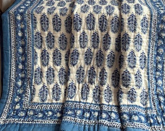 Hand Block Printed Cotton Quilt: Reversible Floral Jaipuri Bedspread