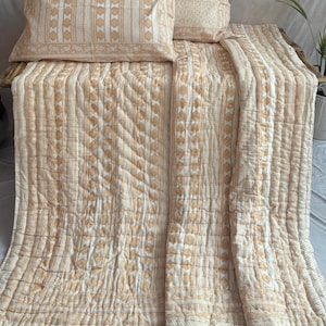 Hand Block Printed Queen Quilt: Reversible Floral Cotton Bedspread