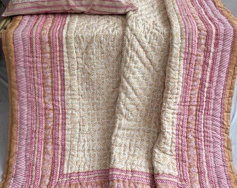 Hand Block Print Cotton Quilt: Reversible Indian Kantha Razai