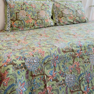 Traditional Indian Cotton Queen Size Bedsheet With Pillow Cover, Green Floral Block Print Thin Bedspread, Flat Sheets, Vintage Bedroom Décor