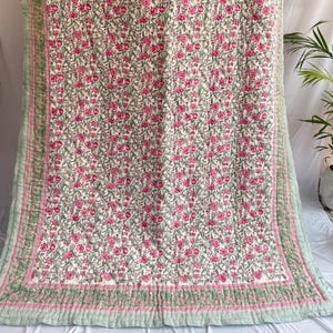 Hand Block Print Cotton Quilt, Reversible Pink Floral Bedspread Comforter, Boho Style Quilted Bedding Set, Artisan Vintage Bedcover Blankets