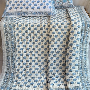 Hand Block Print Cotton Quilt: Blue Floral Bedspread, Reversible Bedding