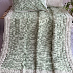Hand Block Printed Jaipuri Quilt, Reversible King Size Cotton Comforter Set, Bohemian Quilted Bedspreads, Sage Bedding Coverlet, Home Décor