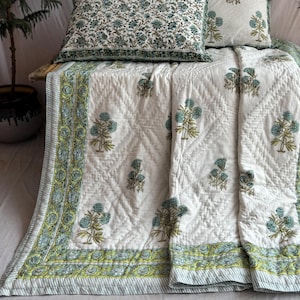Indian Hand Block Print Cotton Quilts Kantha Floral Quilt, Indian Handmade Reversible Jaipuri Razai,Quilt Blanket, Block Print Indian Quilt