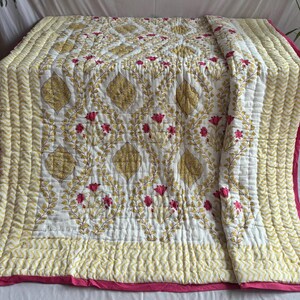 Hand Block Printed Quilted Throw Blanket, Indian Quilt Coverlet, Traditional Cotton Bedding, Boho Style Comforter, Queen Size Soft Bedspread