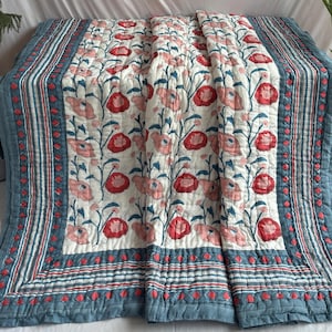 Hand Block Print Floral Quilted Razai, Queen Size Blanket, Boho Cotton Coverlet, Reversible Bed Cover, Winter Warm Razai Throw Blanket,gifts