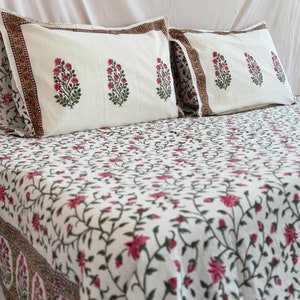 Floral Block Print Cotton Bedsheet Set: Jaipuri Queen Bedspread