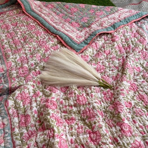 Hand Block Printed Quilt, Jaipur Quilt, Jaipuri Razai, Handmade Bedspread, Vintage-Inspired Blanket, Anokhi Kantha Quilt, Queen Comforter