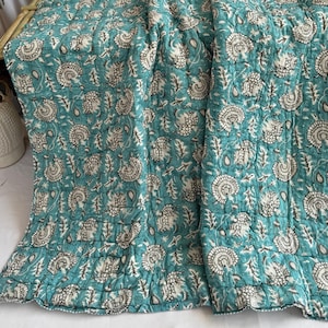 Indian Hand Block Printed Quilt Jaipuri, Printed Reversible Cotton Quilt, Handmade Floral Quilt, Jaipuri Razai, Bedspread Comforter Throw