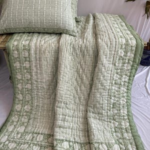 Green Floral Hand Block Print Quilt: Reversible Cotton Bedding