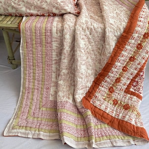New Block Printed Quilt, Handmade Cotton Blanket, Winter Warm Bedspread, Jaipuri Reversible Quilted, Floral Quilt Light Weight Blanket Gifts