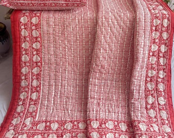 Red Floral Hand Block Printed Cotton Quilt: Lightweight Reversible Bedspread