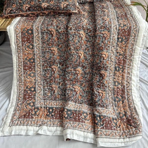 Hand Block Printed Cotton Quilt: Reversible Floral Boho Bedding