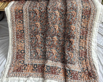 Hand Block Printed Cotton Quilt: Reversible Floral Boho Bedding