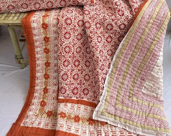 Handmade Block Print Cotton Quilt: Reversible Floral Bedspread