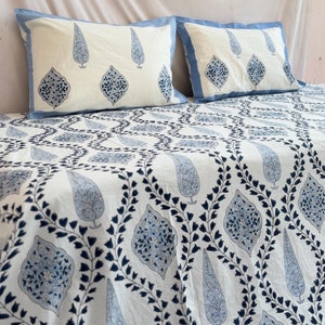 Hand Block Printed Floral Bedsheet Set, Handmade Cotton Flat Sheets, Bohemian Queen Size Bedding, 100% Cotton Bedsheets, Decorative Bedroom