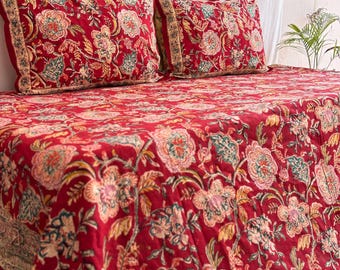 Hand Block Print 100% Cotton Floral Bedsheets, Handmade Soft & Breathable Bedding Set, Queen Flat Sheets Reversible Pillows, Boho Bedspreads