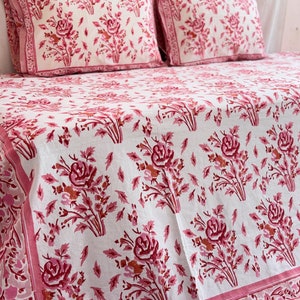 Premium Hand block Printed Bedsheets, Cotton Bed Cover With Pillow Cases, Queen Size Flat Sheet, Floral Bedding Set, Vintage Bedroom Décor