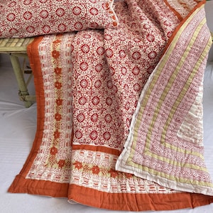 Block Print Quilt, Indian Reversible quilt, Jaipur Cotton Quilt , Handmade Floral Quilt, Jaipuri razai Comforter Super soft Bedspread, gifts
