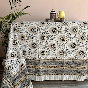 Indian Block Print Tablecloth, Floral Cotton Table Cover, French Tablecloth, Modern Minimalist Table Cloth, Stylish Dining Room,Dining Decor