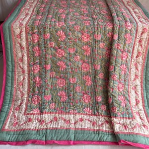 Handmade Block Print Cotton Quilt: Reversible Floral Jaipuri Bedspread