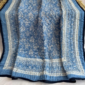 Hand Block Printed Queen Quilt: Indian Floral Kantha, 100% Cotton Quilt