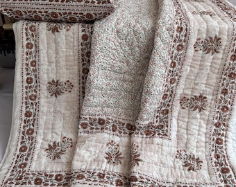 Hand Block Printed Cotton Quilt: Reversible Floral Jaipuri Bedspread