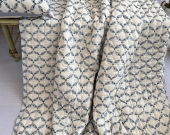 Hand Block Printed Cotton Quilt: Reversible Blue King Bedspread, Jaipuri Razai
