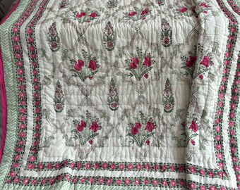 Indian Jaipur Block Print Quilt, Reversible Floral Cotton Bedspread, Twin Bedding Coverlet