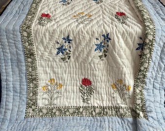 Hand Block Print Cotton Quilt, Reversible Floral Bedspread, Queen Size Quilt, Bedding Throw Blanket