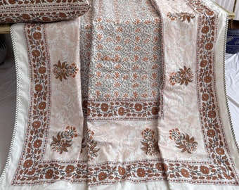 Hand Block Printed Cotton Dohar Quilt: Reversible Floral Throw