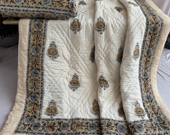 Hand Block Print Cotton Quilt: Reversible Floral King Bedspread