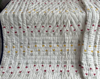 Handmade Floral Print Quilt: Reversible Jaipuri Cotton Queen Bedspread