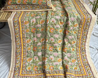 Hand Block Printed Jaipuri Quilt: Reversible Floral Cotton Bedspread