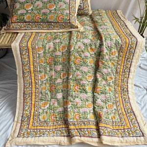 Indian Hand Block Printed Jaipuri Quilt,Indian Reversible Jaipur Razai Cotton Voile Handmade Floral Quilt Jaipuri Quilt Comforter Bedspread