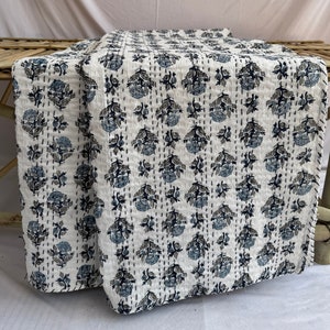 Hand Block Print Kantha Quilt: Vintage Indian Cotton Twin Blanket