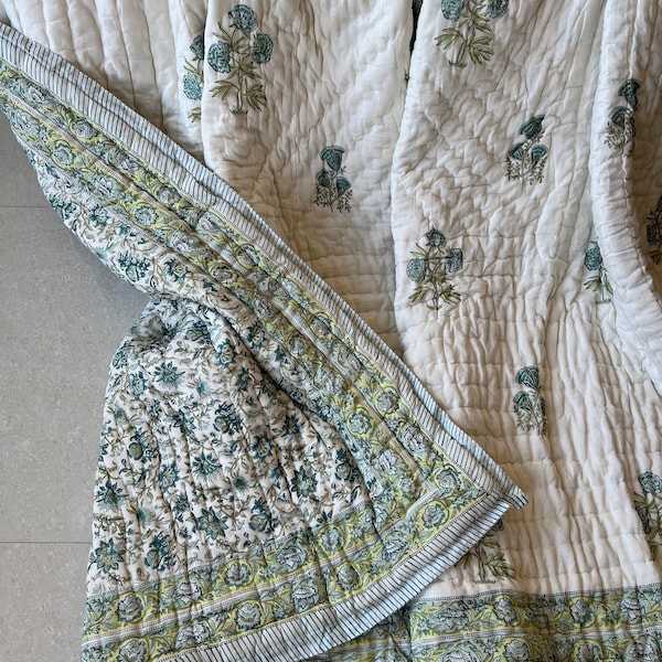 Trapunte di cotone con stampa a blocchi indiani Trapunta floreale Kantha, Jaipuri Razai reversibile fatto a mano indiano, Coperta trapuntata, Trapunta indiana con stampa a blocchi