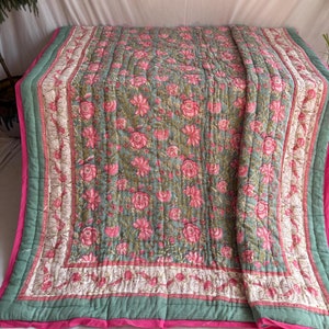 Hand Block Printed Quilt, Jaipur Quilt, Handmade Bedspread, Vintage-Inspired Sofa Cotton Blanket, Anokhi Kantha Quilt, Boho Queen Comforter