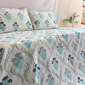 Jaipuri Hand Block Printed Cotton Bed Cover, Queen Size Flat Sheets, Floral Pillow Cases, Ethically Made Bedspreads, Handcrafted Bedding Set