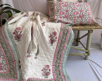 Handmade Vintage Quilt, Jaipuri Block Print Quilt, Indian Cotton Queen Size Razai, Jaipuri Razai, Reversible Kantha Throw, Housewarming Gift