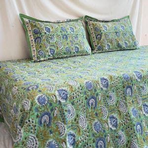 Block Printed Floral Bedding Set, Handmade Cotton Bedsheets, Reversible Pillow Covers, Vintage Style Bedspread, Boho Flat Sheet, Home Décor