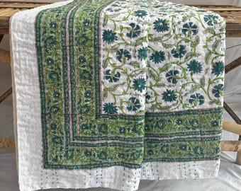 Hand Block Print Cotton Kantha Quilt, Green Floral Cotton Bedspread, Boho Bedding Coverlet