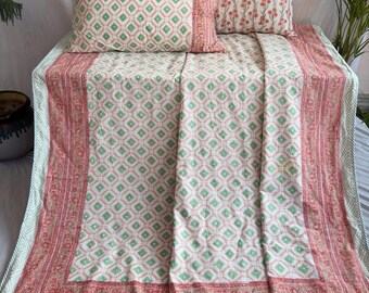 Hand Block Printed Cotton Dohar Blanket: Reversible Indian Summer Quilt