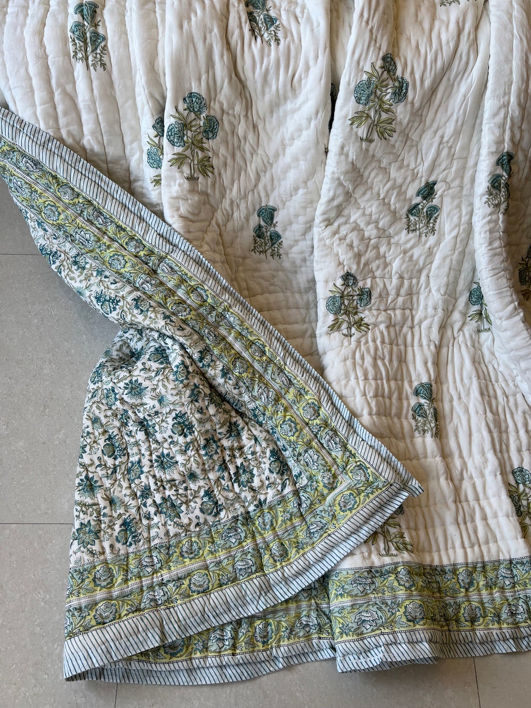 Indian Hand Block Print Cotton Quilts Kantha Floral Quilt Etsy