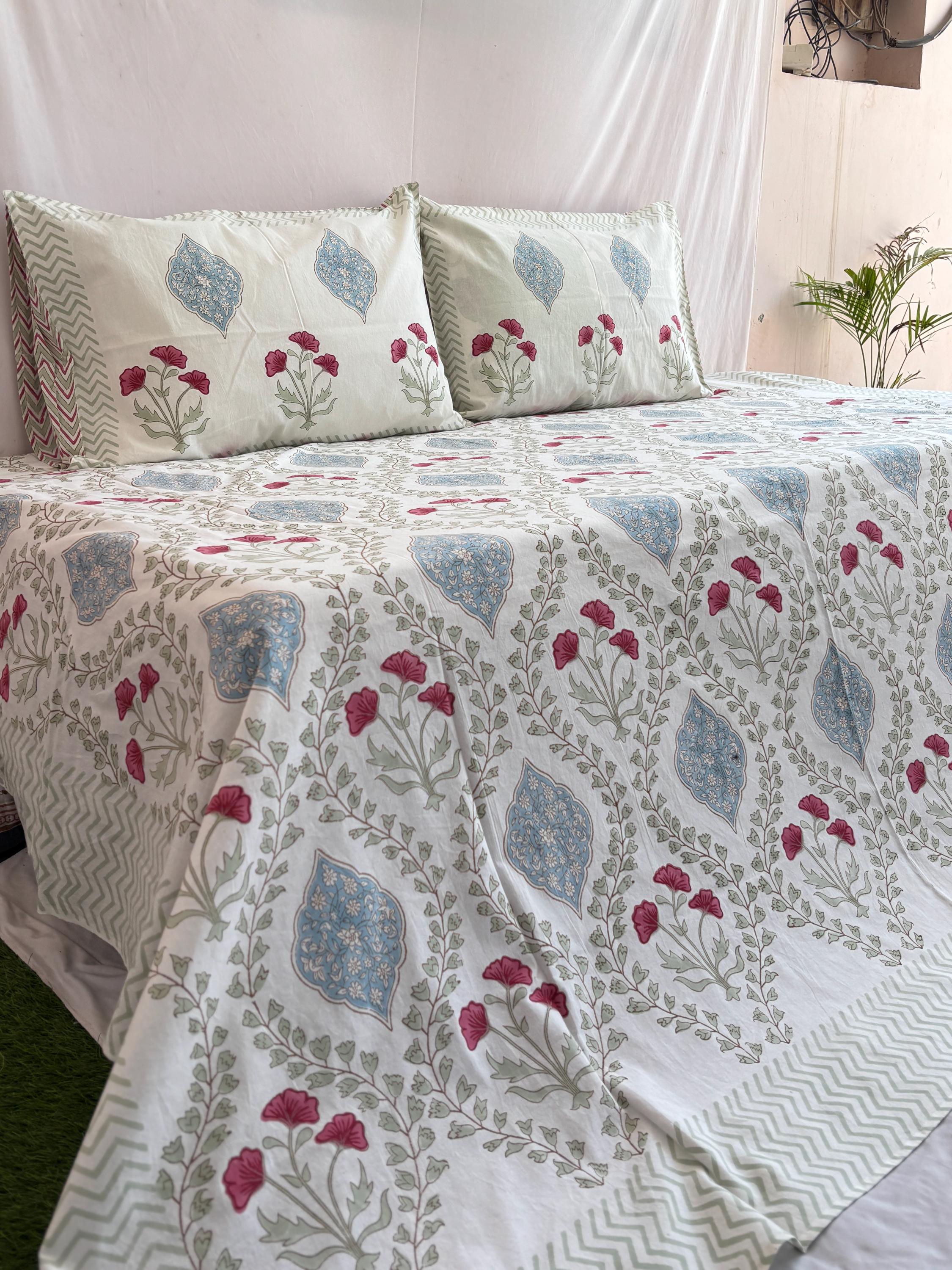 Hand Block Print 100% Cotton Floral Bedsheets, Bohemian Queen Bedspread With Pillowcases, Jaipuri Flat Sheets, Indian Decorative Bedding Set