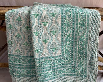 Hand Block Printed Kantha Quilt: Floral Cotton Bedspread